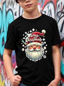 Playeras de niño Feliz Navidad Cara de Santa Copos de Nieve blusas para adolescentes sudaderas de niño Camisetas de niña Regalos navideños Camisetas navideñas Camiseta de Halloween para niñas Camisetas para niños y niñas La tela es suave, transpirable y cómoda, hecha de puro algodón. - Negro - Ver 1