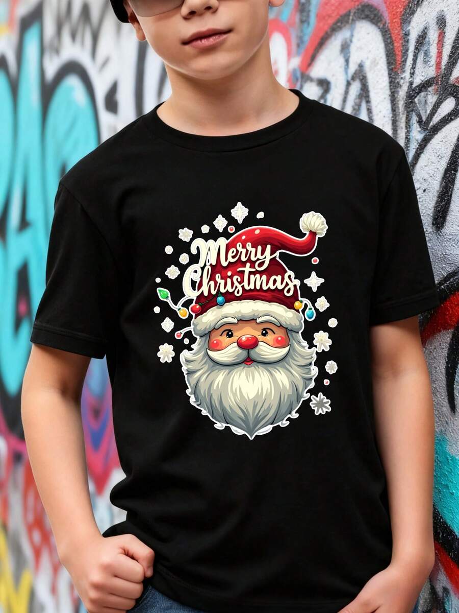 Playeras de niño Feliz Navidad Cara de Santa Copos de Nieve blusas para adolescentes sudaderas de niño Camisetas de niña Regalos navideños Camisetas navideñas Camiseta de Halloween para niñas Camisetas para niños y niñas La tela es suave, transpirable y cómoda, hecha de puro algodón. - Negro - Ver 1