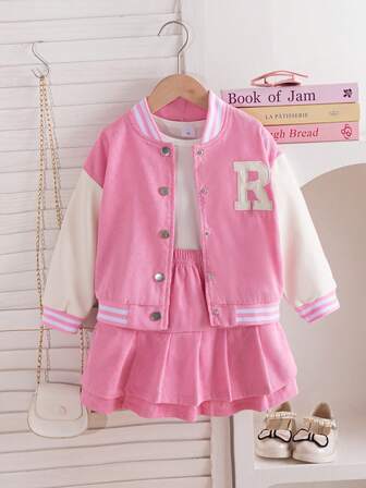 2pcs/Set Young Girl Casual Sweet Sports College Style Letter Embroidered Baseball Jacket Top Paired With Fashionable Pleated Mini Skirt, Suitable For Daily, Outdoor, Commute, School, Vacation, Sports