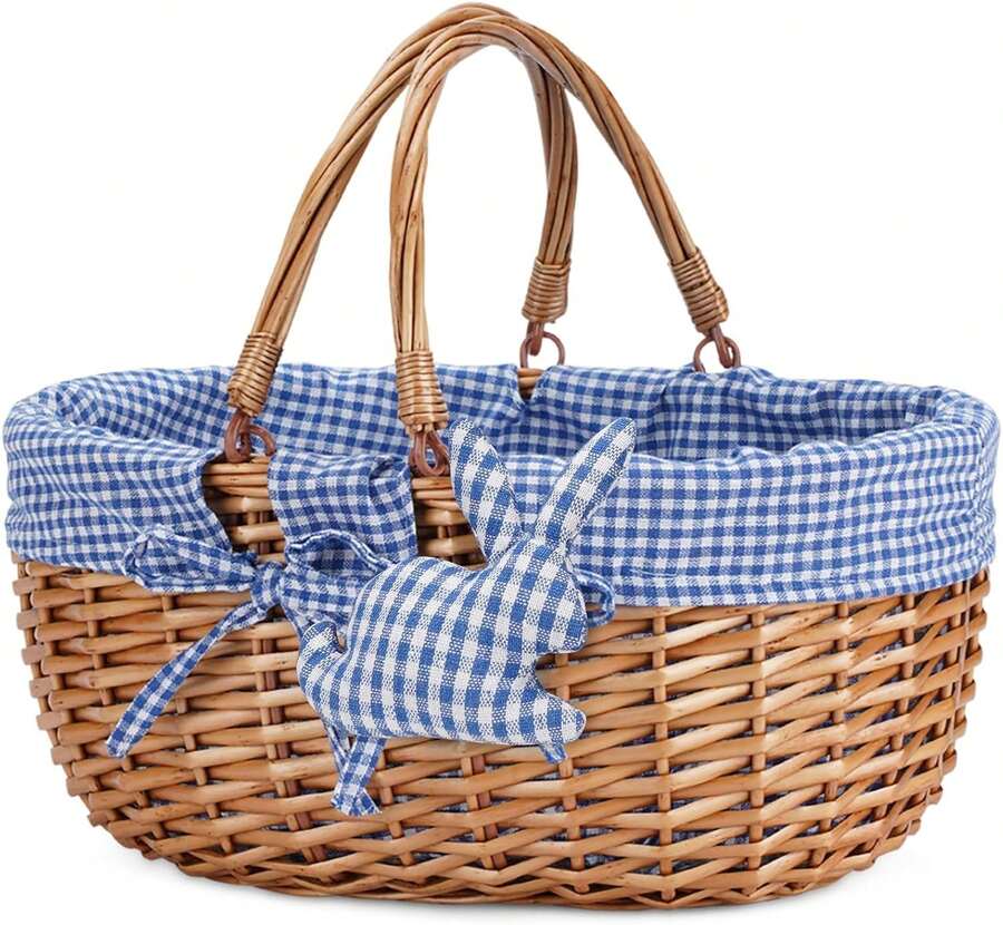 Wicker Picnic Basket With Double Folding Handles,Willow Picnic Hamper,Natural Hand Woven Easter Basket,Easter Eggs And Candy Basket,Bath Toy And Toy Storage,Gift Packing Basket.Blue,24515599 - 藍色 - 查看 1