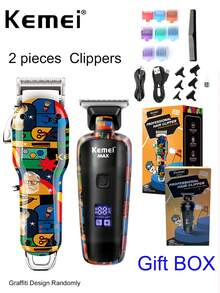 2件組 Kemei 專業電動理髮剪/修剪器套組，塗鴉設計 KM-MAX2092/MAX5090 組合，適合理髮店、沙龍或居家日常使用，0mm 縫隙雕刻刀片，男士理髮剪/剃鬚刀，聖誕禮物、新年禮物 - 彩色 - 查看 12