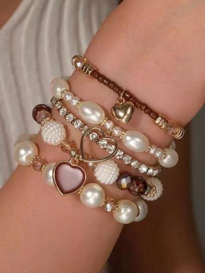 5pcs/Set Bohemian Style Fashion Women Bracelets Set, Casual Vacation Party Heart Pendant Bracelet