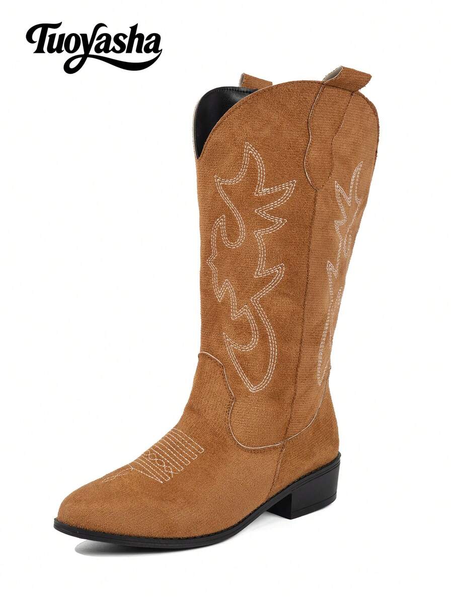 仿麂皮尖头厚底刺绣西部靴，马靴，时尚靴，中筒靴，靴子，适合度假、西部主题活动、音乐节 - 棕色 - 查看 1