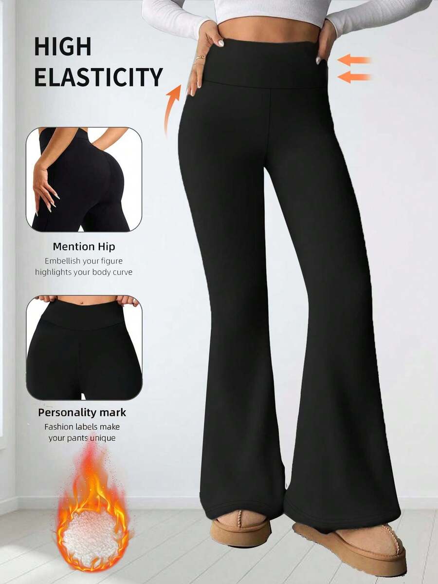 1pc Women's High Waist Solid Color Casual Warm Thermal Lined Flare Pants, Winter Fitness Thick Warm Leggings, Soft Yoga Pants, Slim Fit Flare Trousers