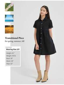 EXARUS Girls' Denim Dress: Aquatic Solid Color Long/Sleeve Midi Dress With Button-Closure Shirt-Style Design. Suitable For Spring And Autumn. Suitable For Ages 8-14. - Đen-29 - Xem 6