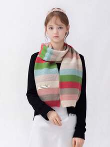 1pc Kids Rainbow Striped Patchwork Plush Knitted Scarf, Thick Winter Scarf In Macaron Colors, Warm & Versatile Cute Girls Scarf/Neck Warmer, Suitable For 9-16 Years Old, Outdoor, Party, Holiday, Back To School, Christmas, New Year Gift - Multicolor - View 2