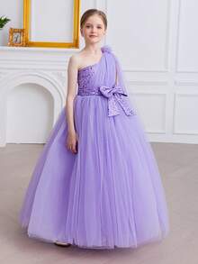 女童蝴蝶结肩部薄纱公主裙，适合生日派对、花童、婚礼、舞会、节日活动 - 淡紫色 - 查看 2