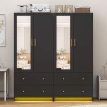 2 Door Wardrobe Closet With Mirror & LED Lights, Bedroom Armoire With Drawers & Shelves, Modern Wooden Armoire Wardrobe Closet With Hanging Rod For Bedroom - Black (2Doors) - 查看 7