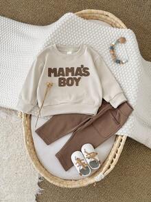 Set de 2 piezas de sudadera de manga larga con parche de letras y pantalones casuales para niño bebé, primavera/verano - Marrón - Ver 2