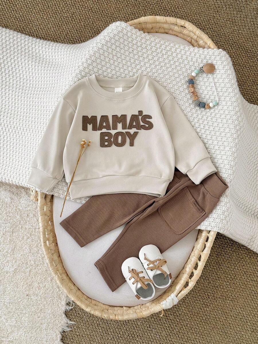 Set de 2 piezas de sudadera de manga larga con parche de letras y pantalones casuales para niño bebé, primavera/verano