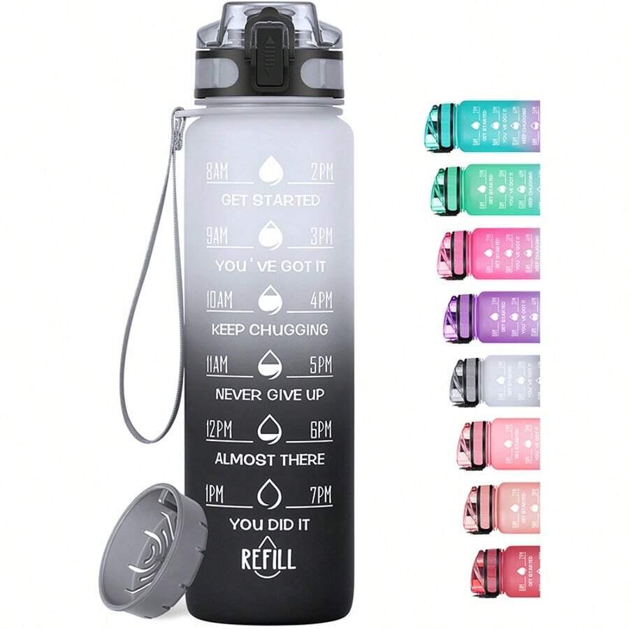 Motivational Water Bottle With Time Marker And Fruit Strainer, Leak-Proof, With Carrying Strap, Perfect For Fitness, Gym And Sports - 灰黑 - 查看 1