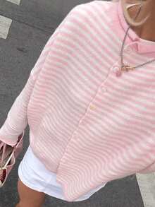 Womens Striped Cardigan Sweater Casual Crew Neck Open Front Button Down Long Sleeve Knit Sweaters Fall Outerwear - Pink - View 5