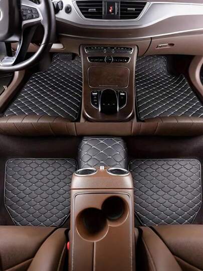 5 件/套黑金汽车脚垫 - 蝴蝶缝绗缝 PU 皮革 - 防水防滑背衬 - 四季皆宜，易于清洁 - 适合轿车、SUV 和卡车 - 高级内饰升级，汽车配件