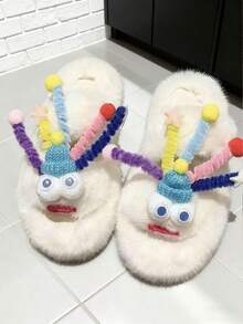 Candy Color Fluffy Pom-Pom Thick Sole Women's Slippers, Warm Plush Lining Indoor/Outdoor Wear, Soft Non-Slip Sole, Multiple Colors Available - White - View 6