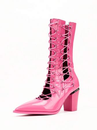 New European & American Style Women's Hollow Out Princess Pointed Toe Mid-Calf Thick High Lace-Up Side Zipper Sandal Boots For Daily Wear