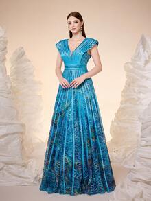 Mgiacy,New Arrival,V-Neck, Lotus Leaf Sleeves, Lace, Print, Tie, Big Swing, Evening Dress,Party Dress,Wedding Guest Dress, Evening Dress