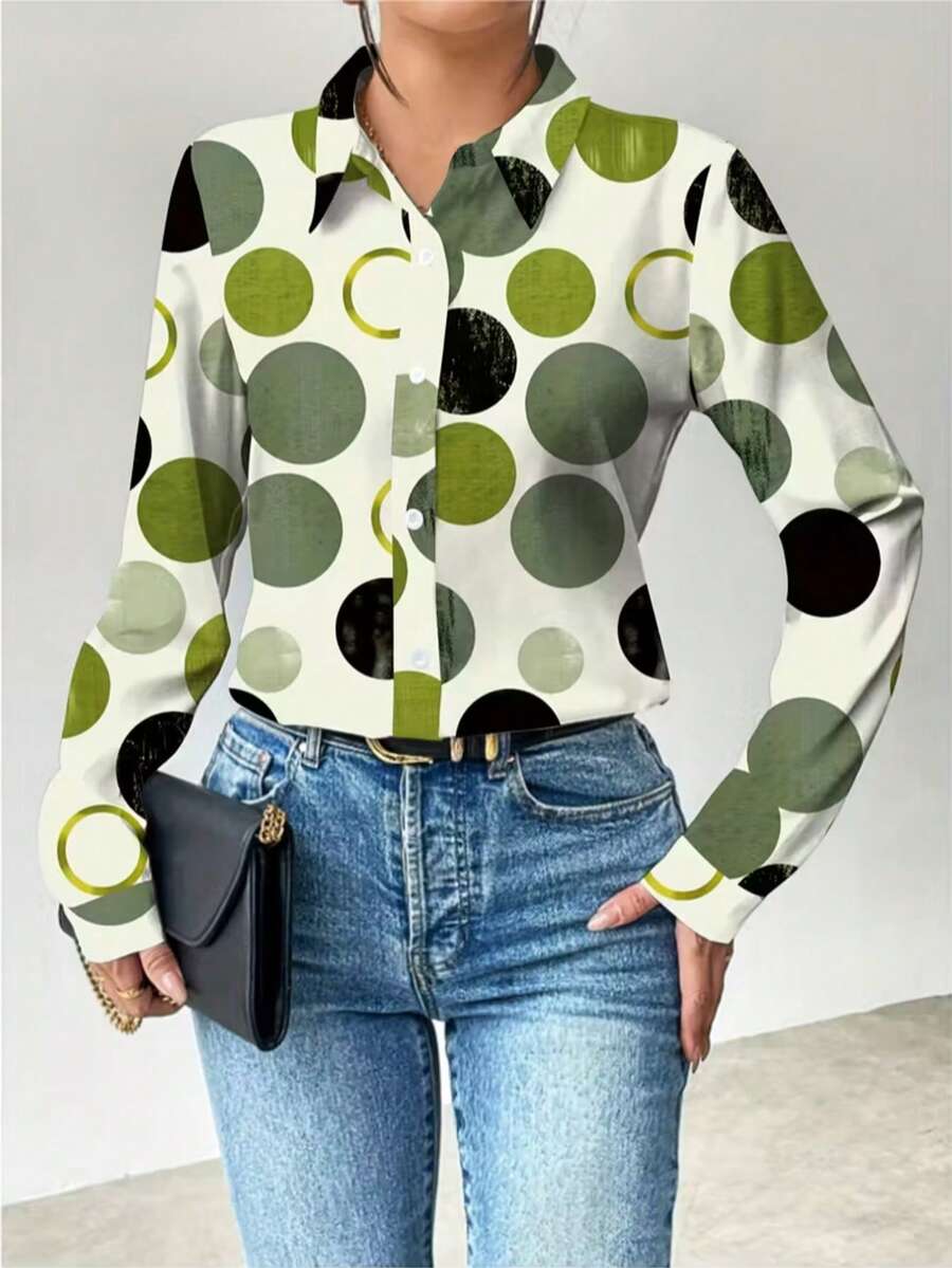 Camisa de mujer de manga larga con cuello, estampado de lunares, cierre con botones delanteros, bajo de longitud regular, tela tejida sin estiramiento