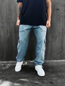 Ondway Men's Light Denim Cargo Pants With Drawstring Waist And Slight Stretch Long Trousers Loose And Casual Streetwear Skateboard Unisex - 輕便牛仔褲 - 查看 4
