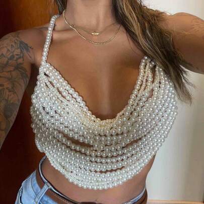 DEKUNER 1pc High-Quality Luxury Multi-Layer Pearl Camisole Top, Handmade Knotted Fashionable Sexy Pearl Body Chain For Women