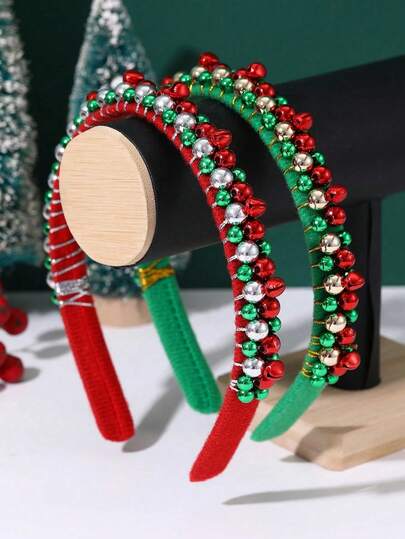 1pc - Christmas Headband Fashionable And Simple Christmas Bell, Red And Green Bead Wrapped European And American Holiday Hair Accessories, Christmas And New Year Decoration Gifts