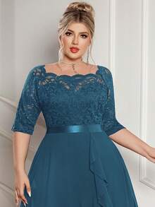 Vestido de cóctel de vuelo con cuello de barco, encaje floral, contraste de gasa y volante en el bajo para fiesta - Neblina azul - Ver 8