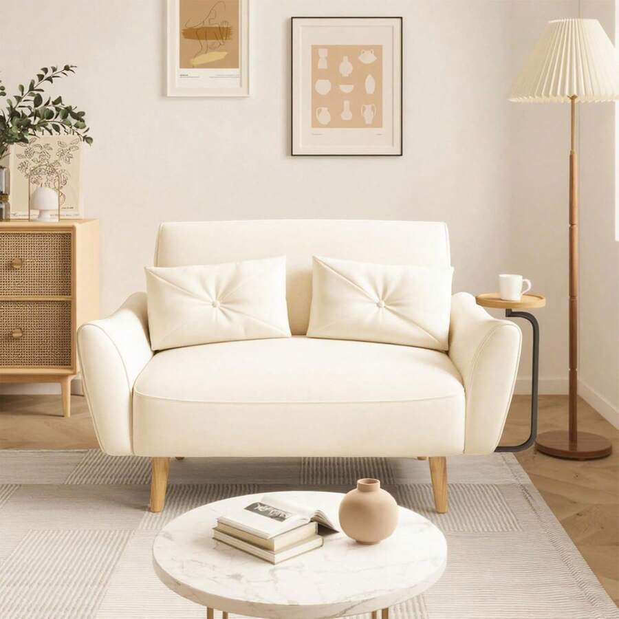 Loveseat Sofa, 47" Velvet Couch For Bedroom, Convertible Wooden Tray & Ergonomic Armrest, For Small Space, Apartment, Living Room, Home Office, Easy Assembly, Beige,24327505 - 米色 - 查看 1