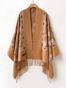 1pc Women's Autumn/Winter Faux Cashmere Embroidered Scarf, Thick Warm Tasseled Embroidered Bohemian Style Travel Shawl Poncho - Camel - View 1