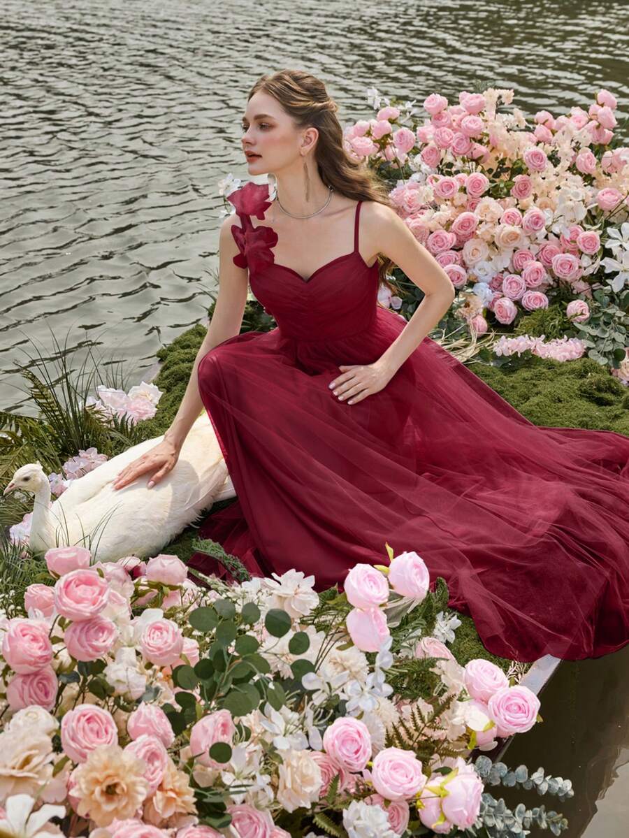 Faeriesty Luxe ELegant Ruched Front Mesh Overlay Cami Party Dress - Burgundy - View 1