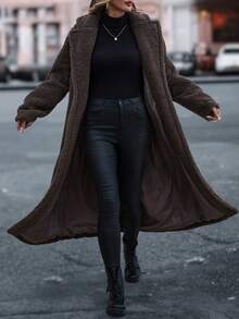 Fashionable Casual Solid Color Thickened Thermal Lined Lapel Pocket Belted Long Sleeve Loose Long Women Jacket, Autumn/Winter - Brown - View 4