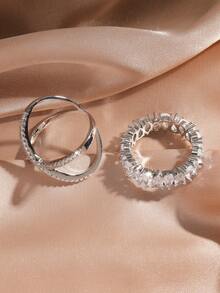 rakol 2 Stücke einfacher Silber-farbener Kubikzirkonia-verzierter Frauen-Ringe Set