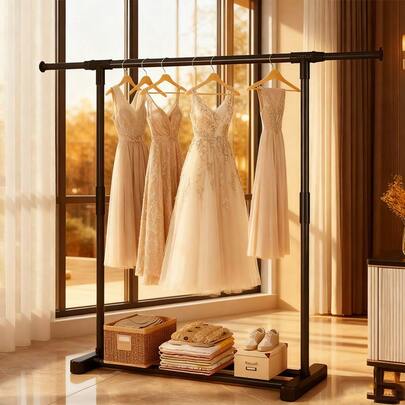 1pc Minimalist Luxury Black Mobile Floor Clothes Rack. Minimalist Luxury Black Floor Clothes Rack With Wheels, Flexible Mobility. Single Rod Can Hang Dresses, Daily Clothes, And The Bottom Can Store Shoes, Suitable For Bedroom Clothing Storage, Fitting Room Display And Matching, Adding Convenience And Sophistication To Your Wardrobe Organization.