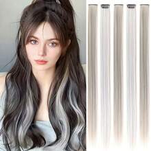 5 piezas de extensiones de cabello liso de 22 pulgadas con clip, peluca sintética larga con mechas de color para mujer y niña, regalo - Gris - Ver 8