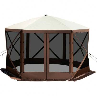 Tente de tonnelle, 3,6 x 3,6 m, tente de camping escamotable à 6 côtés avec fenêtres en maille, sac de transport portable, piquets de sol, grandes tentes d'ombrage pour camping en plein air, pelouse et jardin