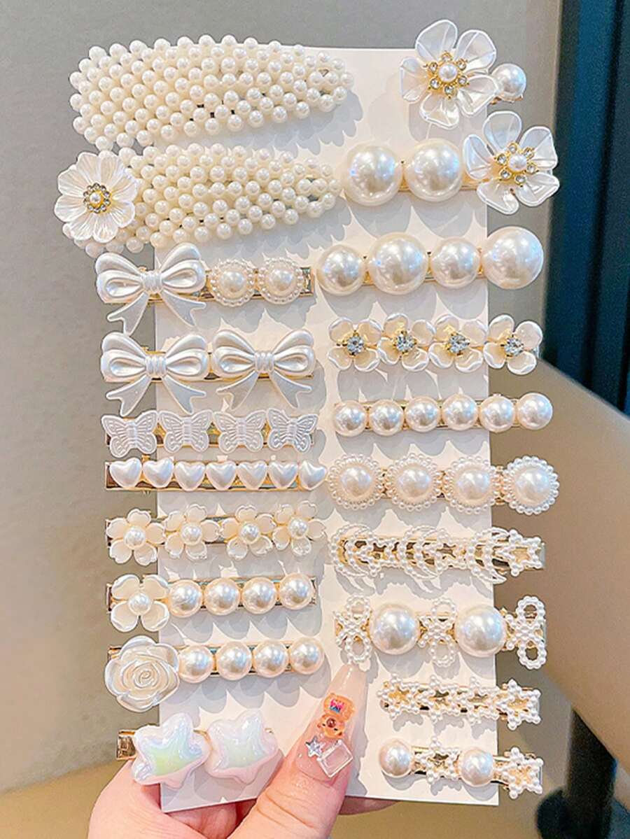 20pcs Flower, Heart, Bow Knot & Pearl Hair Clips, Bangs Clips - Multicolor - View 1