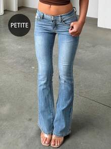 复古优雅高腰纽扣修身低腰性感休闲水洗纯色牛仔裤 春季 - 中等水洗藍 - 查看 5