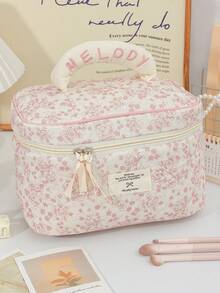 Pink Flower Pattern Cosmetics Storage Bag Soft Corduroy Makeup Bag Set Foam Quilted Home Items Storage Bag Large Capacity Travel Cosmetics Bag Set Retro Floral Print Makeup Handbag Portable Handheld Toiletry Bag Vintage Style Skincare Storage Bag Practical Makeup Brushes Organizer Bag - Pink - View 7