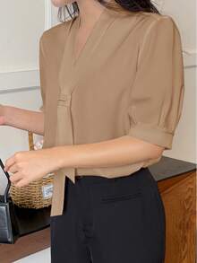 Women's Solid Color Bow Tie Design Short Sleeve Casual Office Shirt - Khaki - View 5