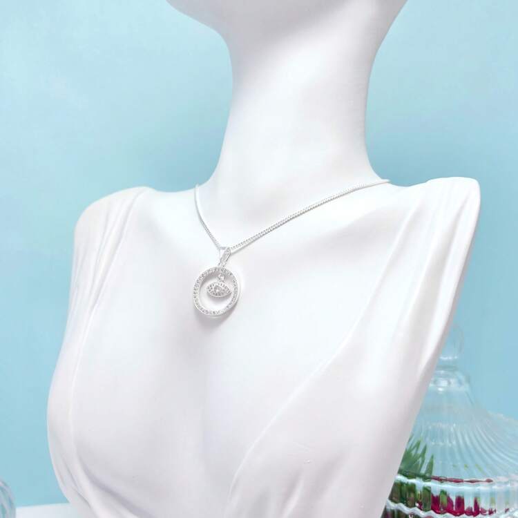 Necklace With Round Evil Eye Pendant And Zirconia, 925 Silver Plated - 銀色 - 查看 4