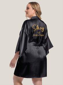 1pc Plus Size Customized Bridesmaid Robe With "Bride's Team" And Glitter Foil Print - Black - View 4