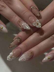 24pcs/Set French Almond Shaped White Tie Dye Base Color Unique 3D Flower Shell & Golden Pearl Decor Full Cover Press-On Fake Nails, Ideal For Ladies & Girls Party, Date, Vacation, Wedding Bride(Random Delivery) - Ngẫu nhiên - Xem 1