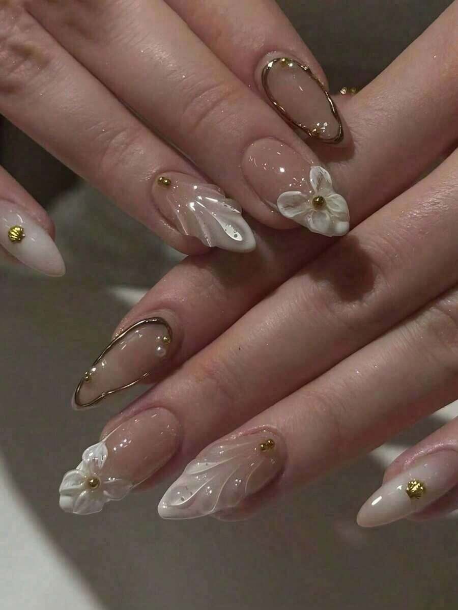 24pcs/Set French Almond Shaped White Tie Dye Base Color Unique 3D Flower Shell & Golden Pearl Decor Full Cover Press-On Fake Nails, Ideal For Ladies & Girls Party, Date, Vacation, Wedding Bride(Random Delivery) - Ngẫu nhiên - Xem 1