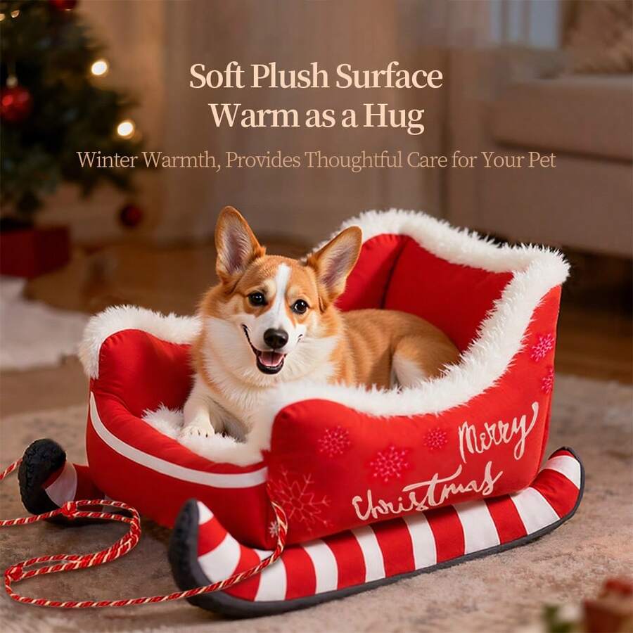 1pc Latest Super Soft Christmas Sled Dog/Cat Bed, Thick Warm Winter Removable & Washable, Suitable For Medium & Small Dogs And Cats - Red - View 1