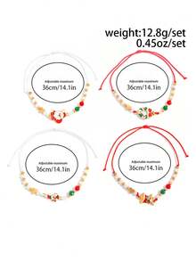 4 piezas Pulsera ajustable con cuentas de reno y Papá Noel de estilo navideño, set de accesorios minimalistas con campana y corona, decoración navideña