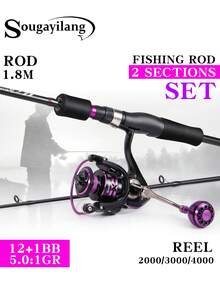 Finishing Gear Set, Consisting Of A 1.8M Spinning Carbon Fiber Rod Paired With A 2000-4000 Spinning Reel,Left-Hand/Right-Hand , Max Drag 5-10LB, Aluminum Spool, 12+1 Bearings, And A 5.0:1 Gear Ratio. For Saltwater And FreshWater - Purple - View 3