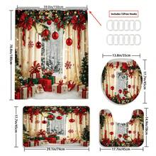 Christmas Decorations1/3/4pcs Christmas Window Scene Shower Curtain Bathroom Set, Gift Box With Bow And Snowflake Print Waterproof And Wear-Resistant Bathroom Decor And Accessories,With 12 Hooks - Includes Toilet Seat Cover, Bath Mats, And Rugs Polyester Fabric - Washable - Perfect For Holiday Decor,Home/Bedroom/House/Western/Winter Decor