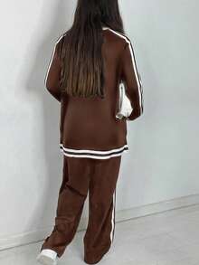 Conjunto de camiseta de manga larga con cuello en V y pantalones de pierna ancha con bolsillo a rayas laterales, elegante para primavera/otoño, talla grande - Marrón - Ver 5