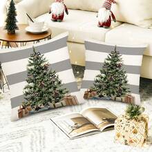 2PCS Christmas Pillowcase Sofa Decoration, Striped Pine Christmas Gift Indoor And Outdoor Decoration, Winter Christmas Farmhouse Party Pillowcase, Single-Sided Without Pillow Insert