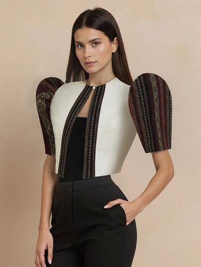 Amyenjoylife Modern Filipiniana Summer Women's Casual Elegant Patchwork Temperament Bubble Sleeve Short Sleeved Top