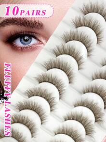 10 Pairs ENCHUW Fluffy, Soft, Lengthening, Natural-Looking False Eyelashes With Transparent Stems, Reusable, Essential For Holiday Makeup - Brown - View 1