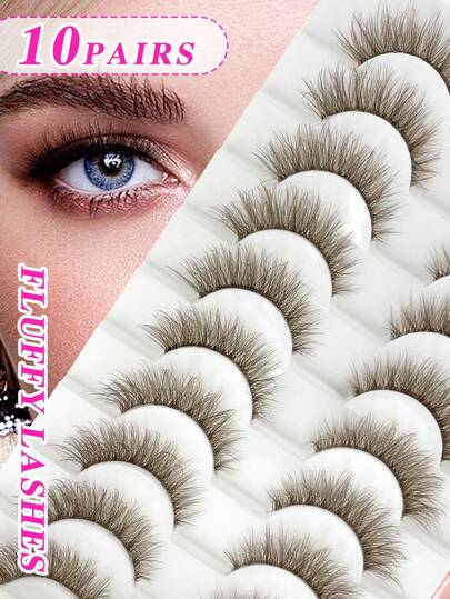 10 Pairs ENCHUW Fluffy, Soft, Lengthening, Natural-Looking False Eyelashes With Transparent Stems, Reusable, Essential For Holiday Makeup
